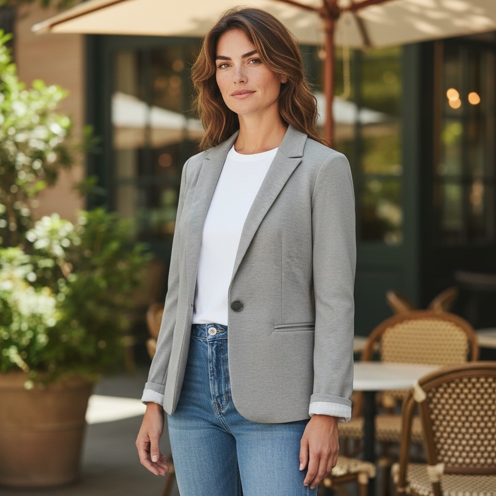 Dalia Collection Soft Cotton Single Button Gray Blazer